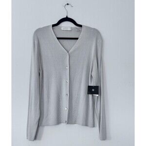 Valerie Stevens Pure 100% Silk Cardigan Sweater XL Beige Button Front NWT